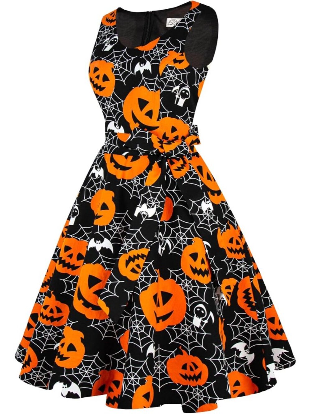 Women's Pumpkin V Neck Sleeveless Vintage Zipper Cocktail Halloween Dress - Picture 3 of 5